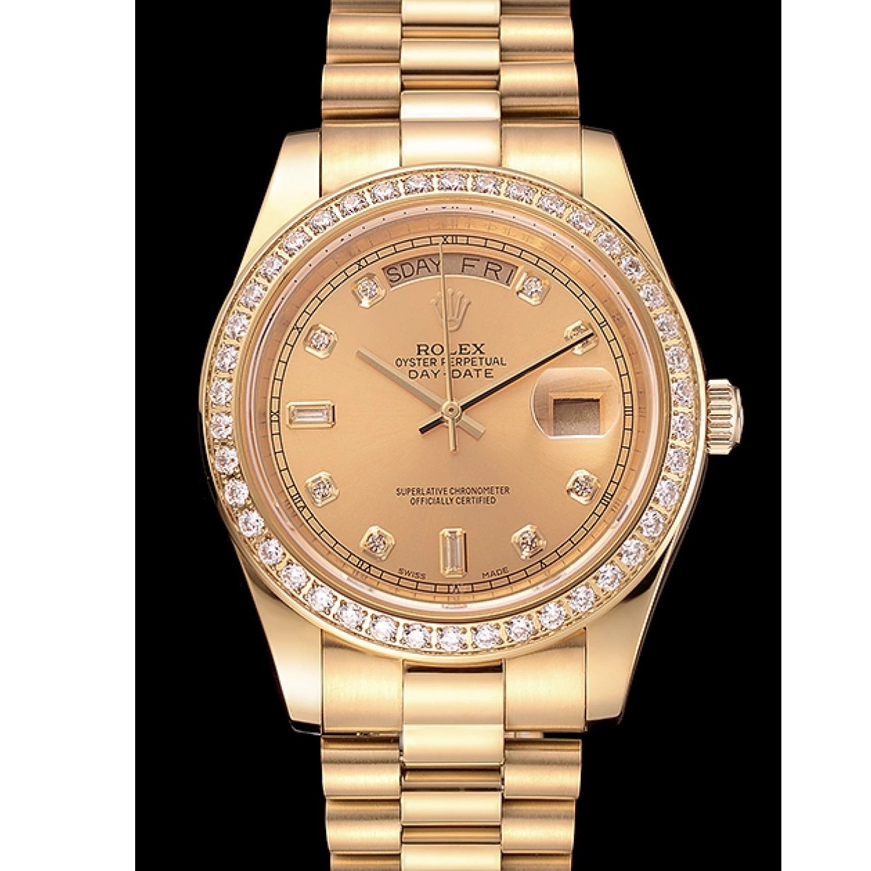 Aaa replica watch Diamond 1454099 Day-Date Rolex Dial Gold Swiss Bezel Bracelet Champagne 0614